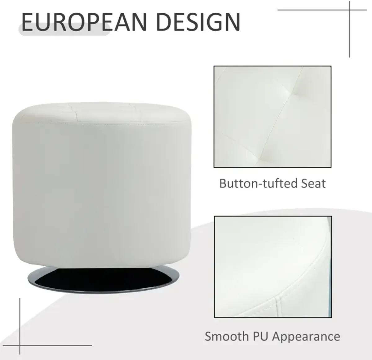 White Round Ottoman: Swivel Foot Stool with Tufted PU Leather