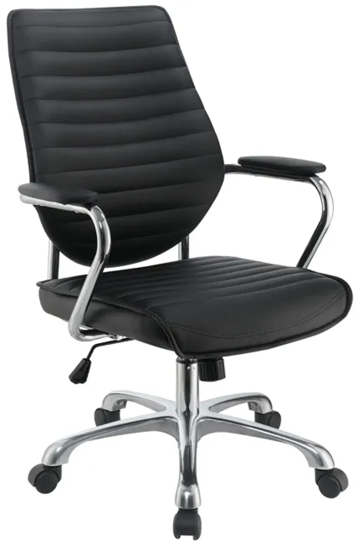 Leatherette Office Swivel Chair with Padded Arms, Black and Chrome-Benzara