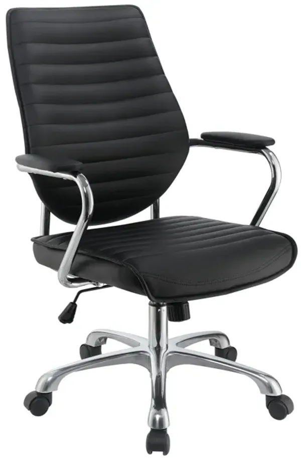 Leatherette Office Swivel Chair with Padded Arms, Black and Chrome-Benzara