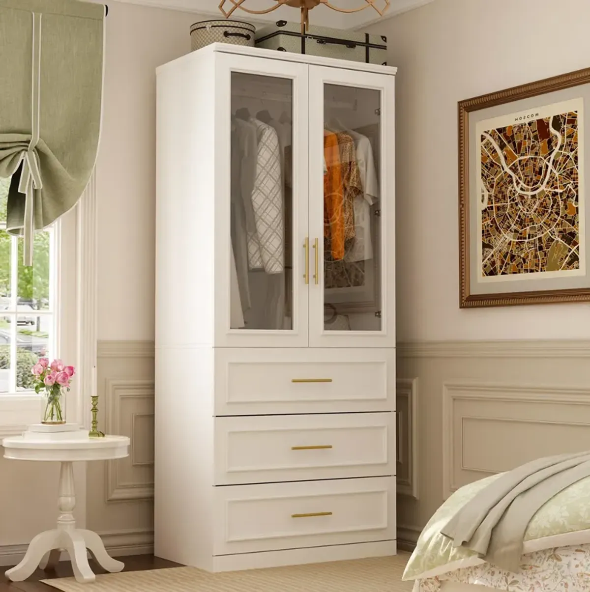 FUFU&GAGA  Elegant Armoire with Glass Doors, Hanging Rods, and Spacious Drawers for Organized Bedroom Storage (31.7" W x 19.3" D x 74.9" H) White