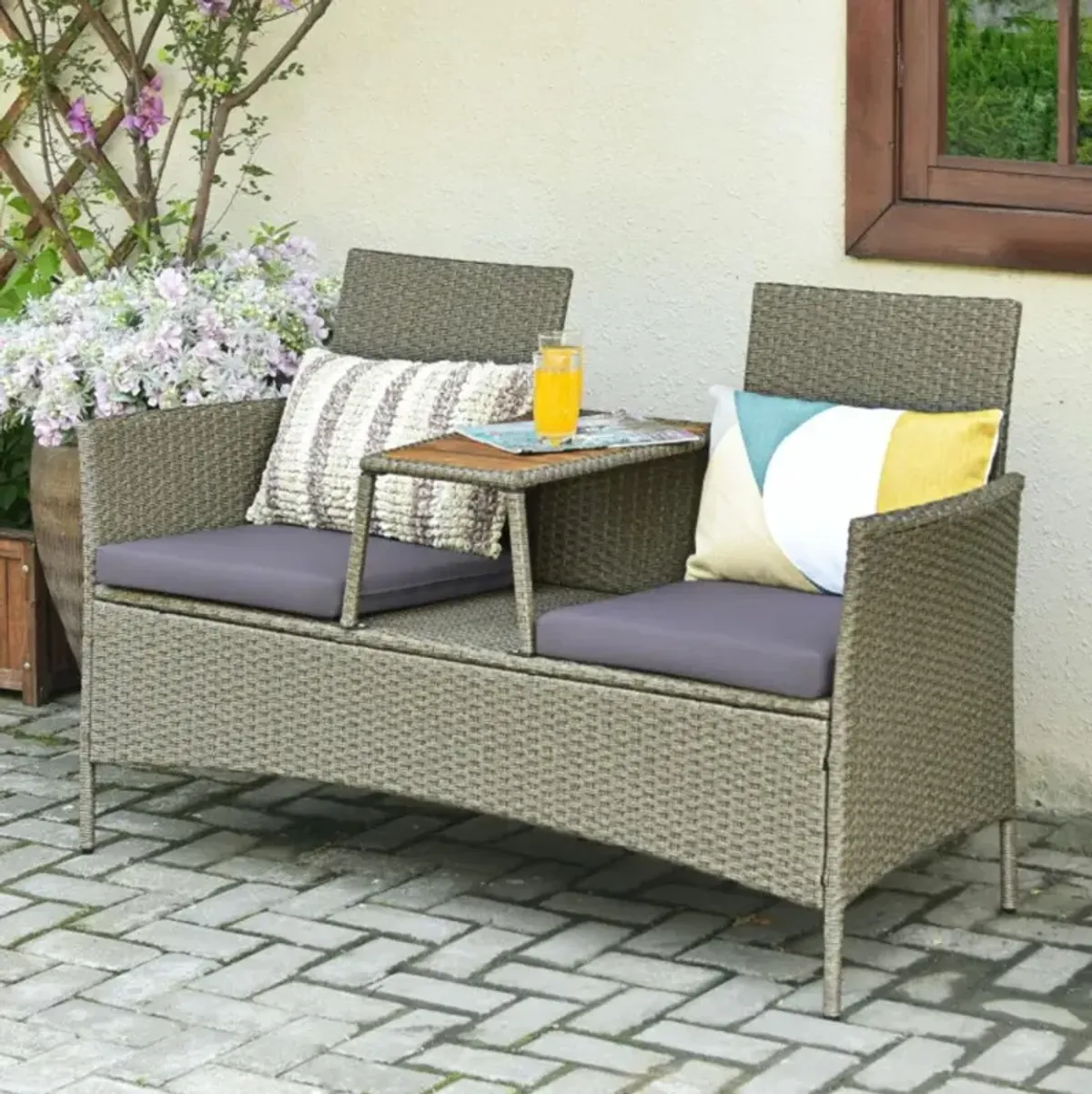 Hivvago 2-Person Patio Rattan Conversation Furniture Set with Coffee Table