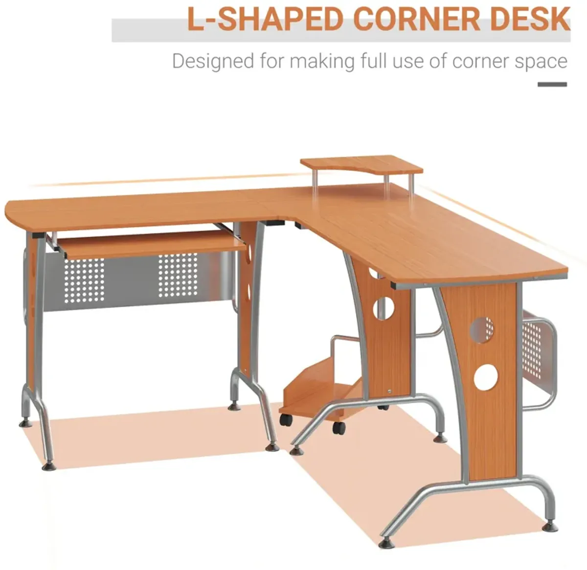 Wooden Gaming Station: Corner L-Shaped Desk with Elevated Shelf & CPU Stand