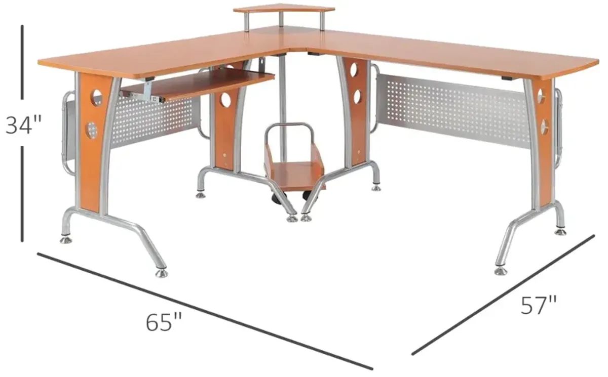 Wooden Gaming Station: Corner L-Shaped Desk with Elevated Shelf & CPU Stand