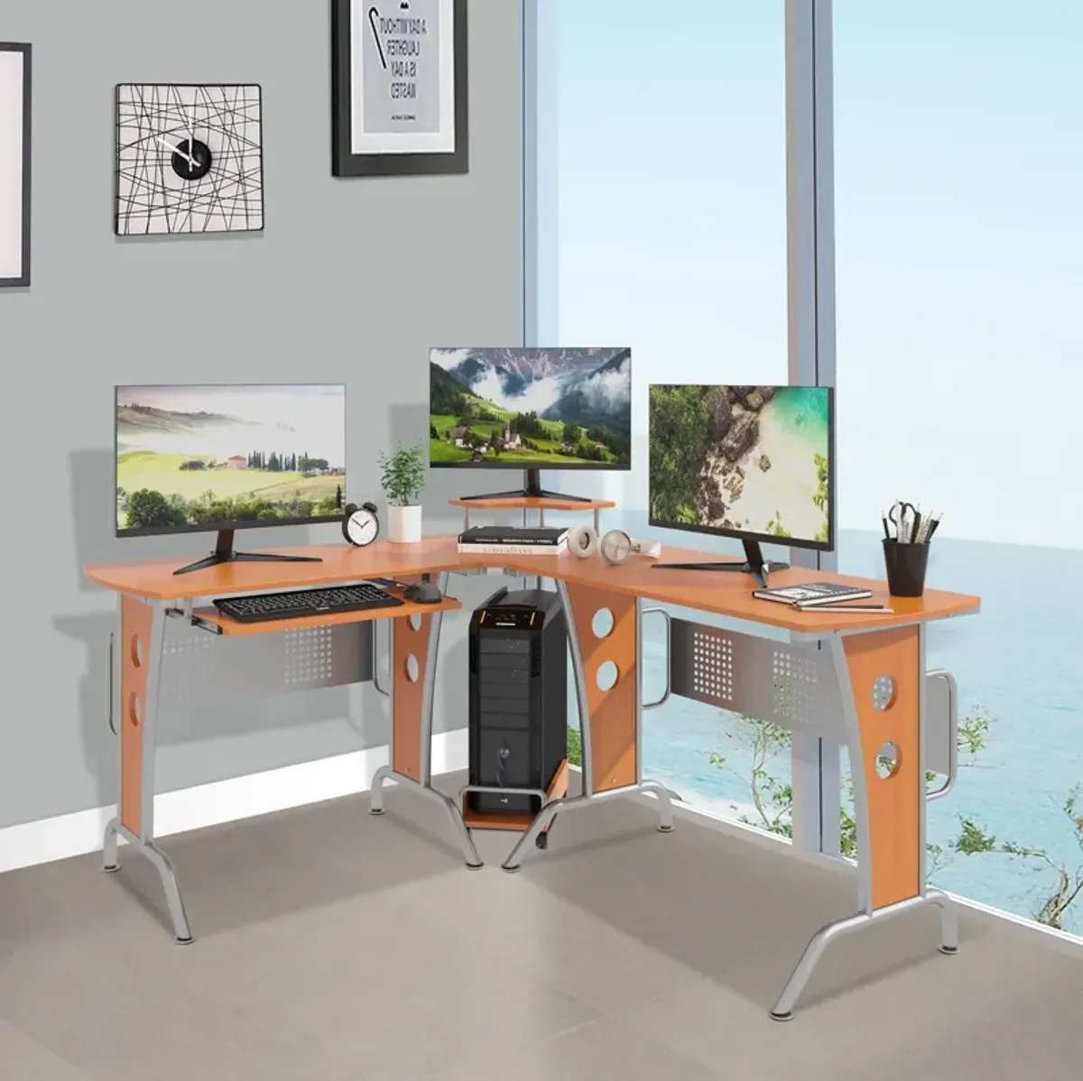 Wooden Gaming Station: Corner L-Shaped Desk with Elevated Shelf & CPU Stand