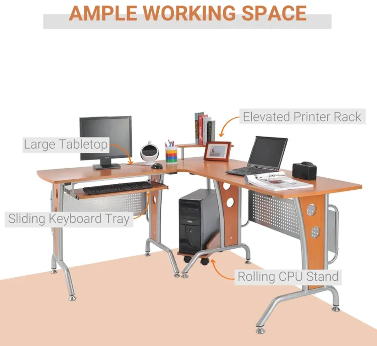 Wooden Gaming Station: Corner L-Shaped Desk with Elevated Shelf & CPU Stand