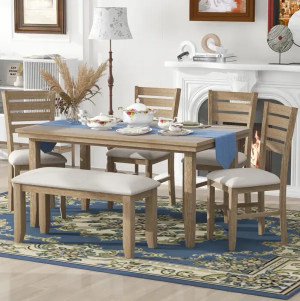 Dining Room Table and Chairs with Bench, Rustic Wood Dining Set, Set of 6 (Natural Wood Wash)