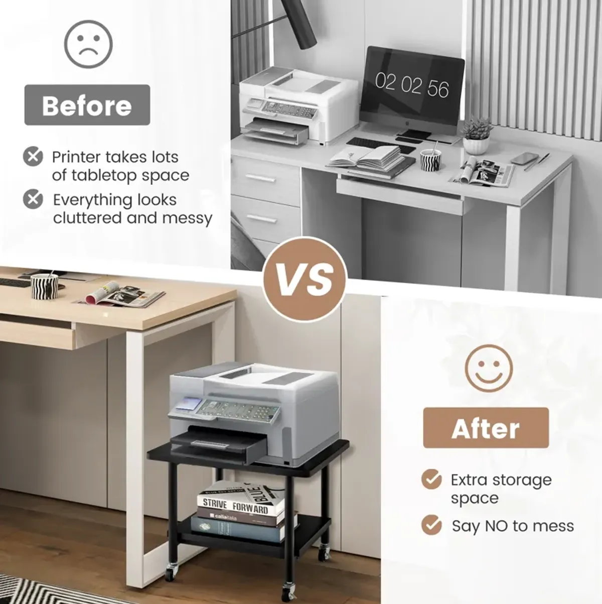 Under Desk Printer Stand with 360° Swivel Casters