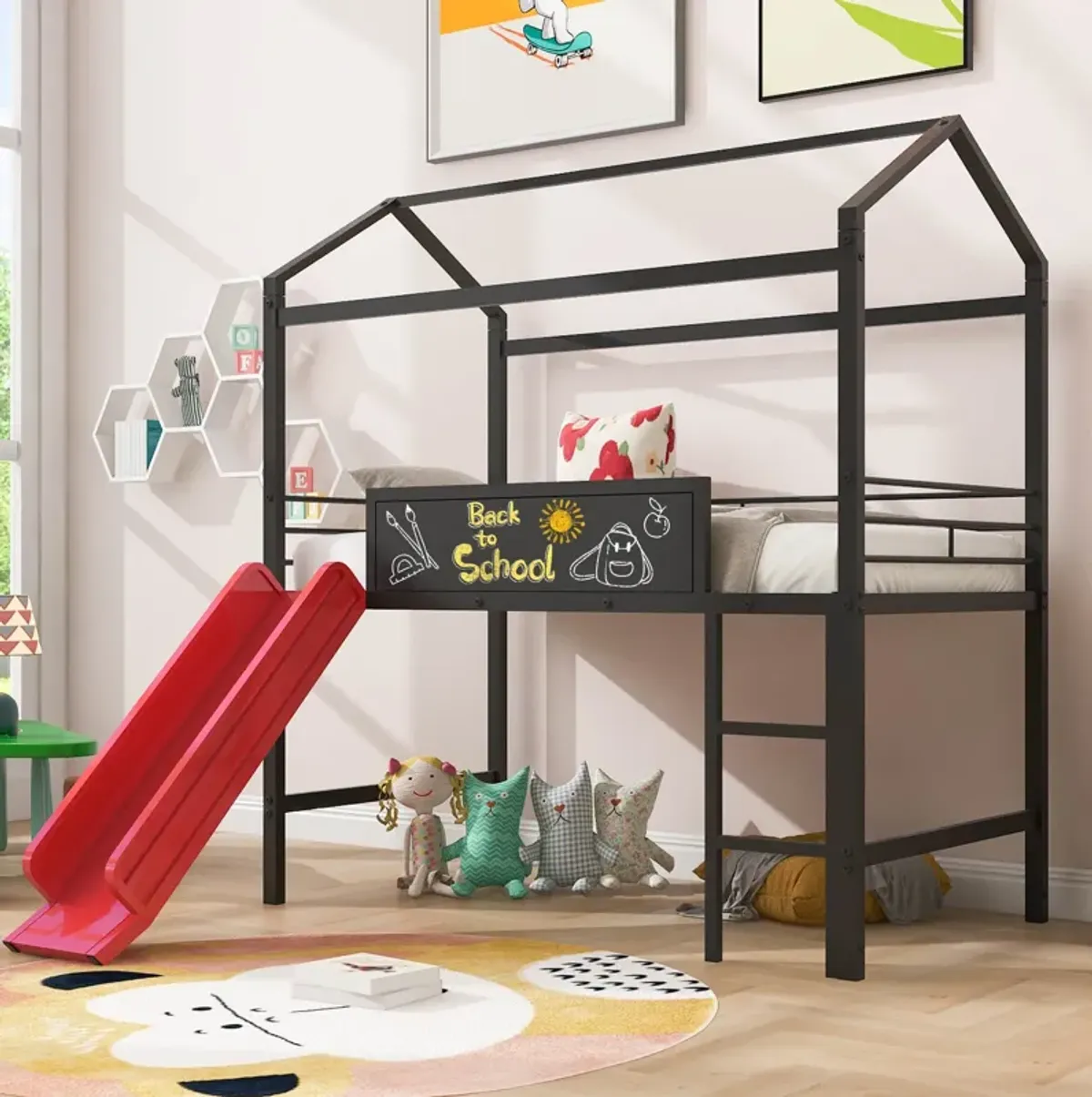 Merax Metal House Bed Loft Bed with Slide