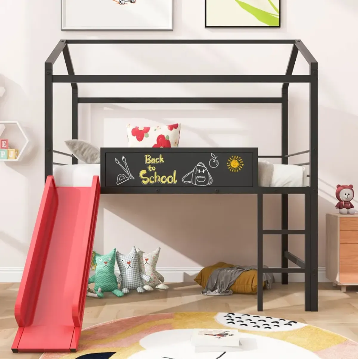 Merax Metal House Bed Loft Bed with Slide