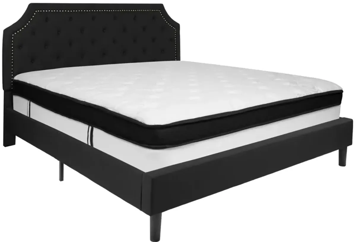 Brighton King Size Tufted Upholstered Platform Bed in Black Fabric with Memory Foam Mattress