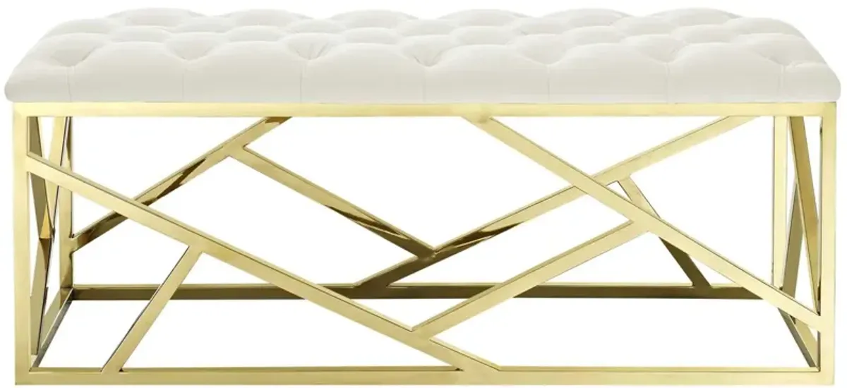 Modway Intersperse Tufted Modern Bench With Gold Stainless Steel Geometric Frame In Gold Ivory