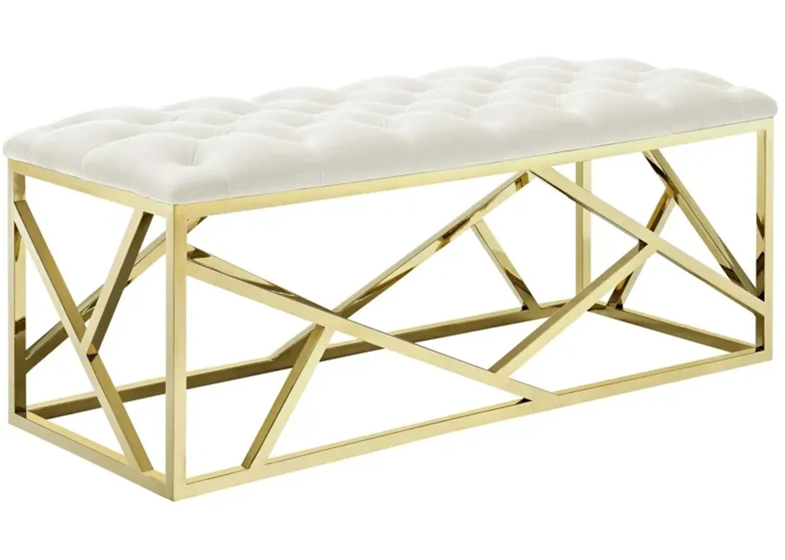 Modway Intersperse Tufted Modern Bench With Gold Stainless Steel Geometric Frame In Gold Ivory