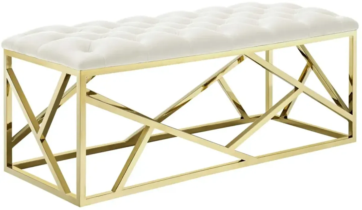 Modway Intersperse Tufted Modern Bench With Gold Stainless Steel Geometric Frame In Gold Ivory