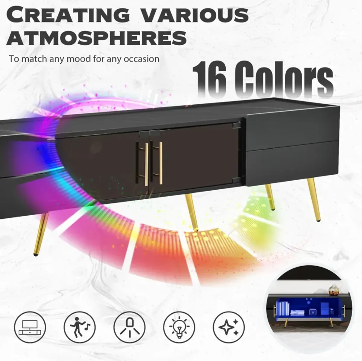 Modern TV Stand with LED lights for TVs up to 80 Inches, Entertainment Center with 4 Drawers and 1 Cabinet with Brown Glass Door, Media Console with Metal Legs and Handles for Living room