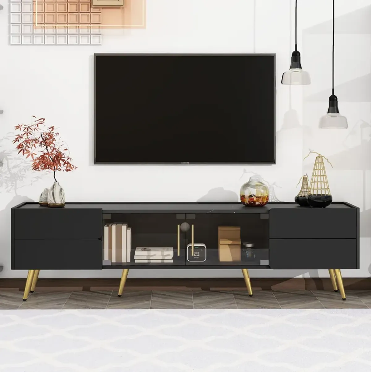 Modern TV Stand with LED lights for TVs up to 80 Inches, Entertainment Center with 4 Drawers and 1 Cabinet with Brown Glass Door, Media Console with Metal Legs and Handles for Living room