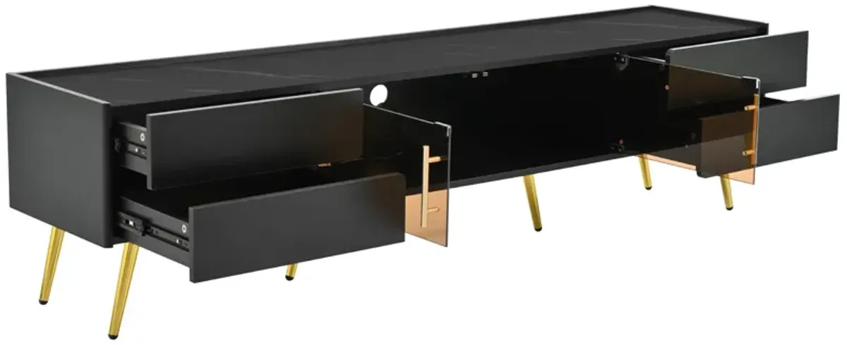 Modern TV Stand with LED lights for TVs up to 80 Inches, Entertainment Center with 4 Drawers and 1 Cabinet with Brown Glass Door, Media Console with Metal Legs and Handles for Living room