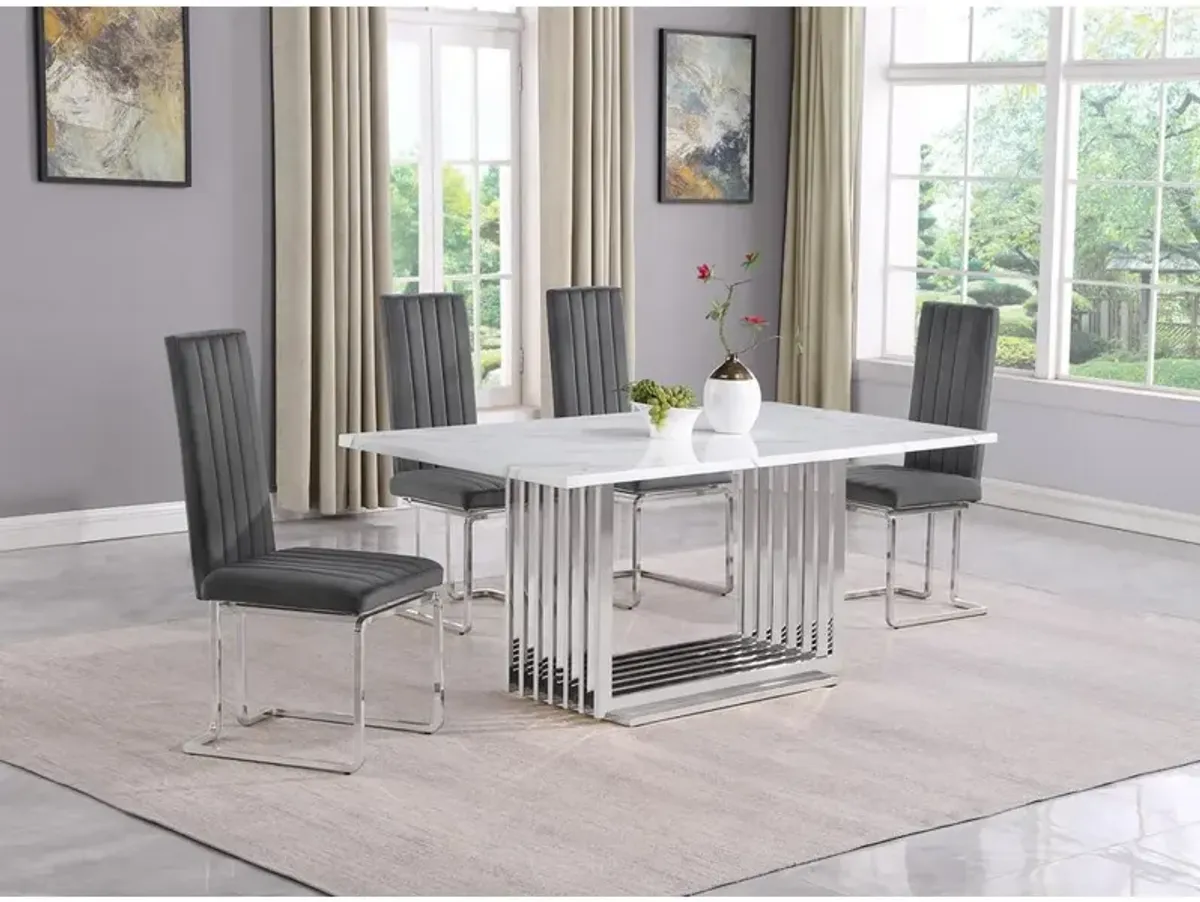 5pc Small(68") marble top dining set with silver base and 4 Dark grey chairs