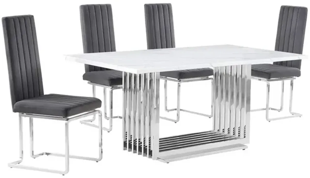 5pc Small(68") marble top dining set with silver base and 4 Dark grey chairs