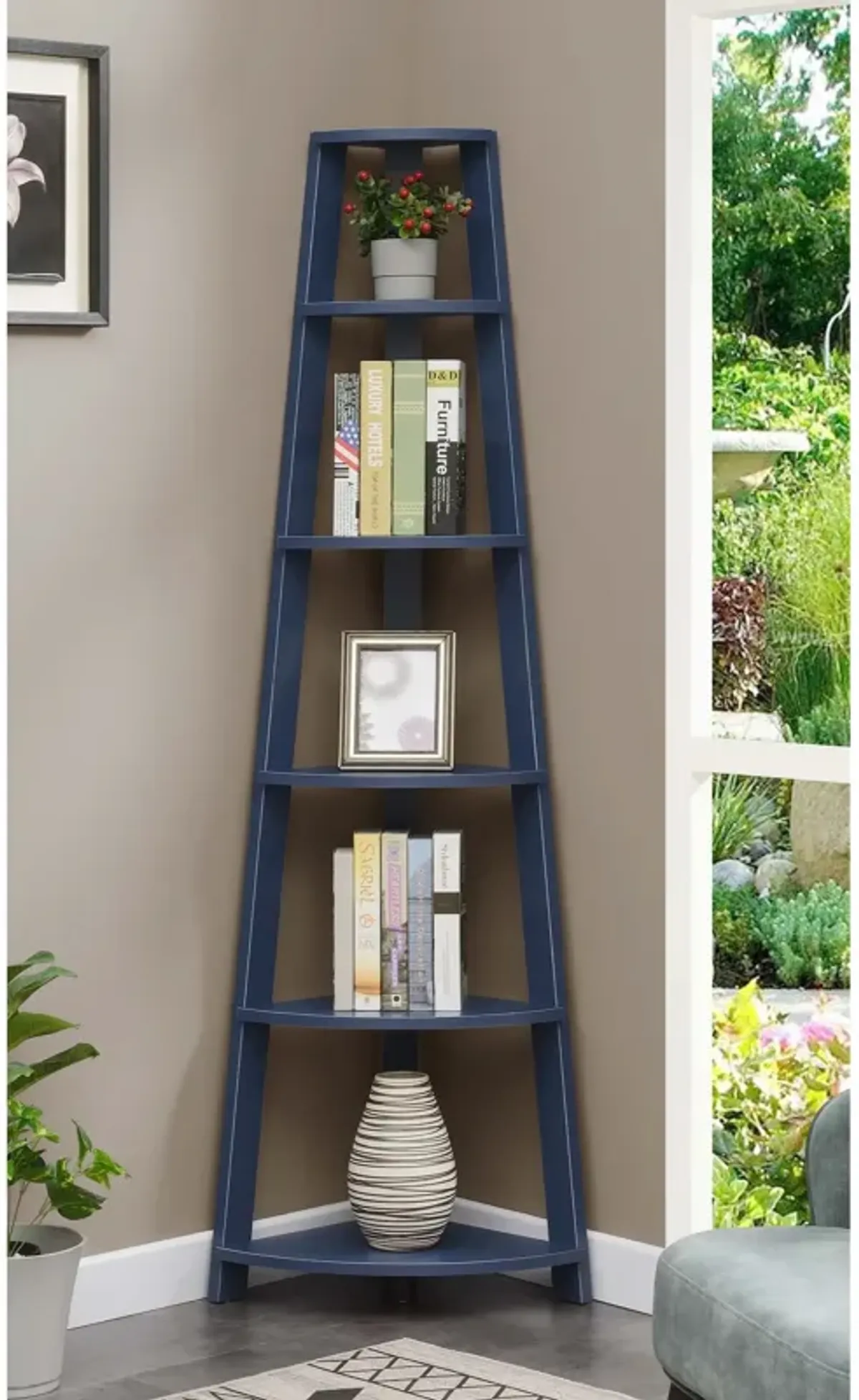 Convenience Concepts Newport 5-Tier Corner Bookshelf, Cobalt Blue