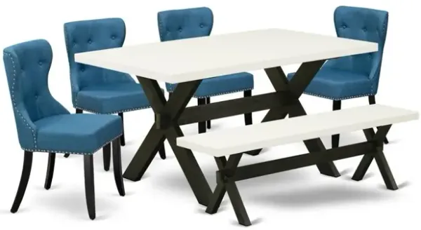 East West Furniture 6-Piece Dining Table Set- 4 Upholstered Dining Chairs with Blue Linen Fabric Seat and Button Tufted Chair Back - Rectangular Top & Wooden Cross Legs Dining Table and Di