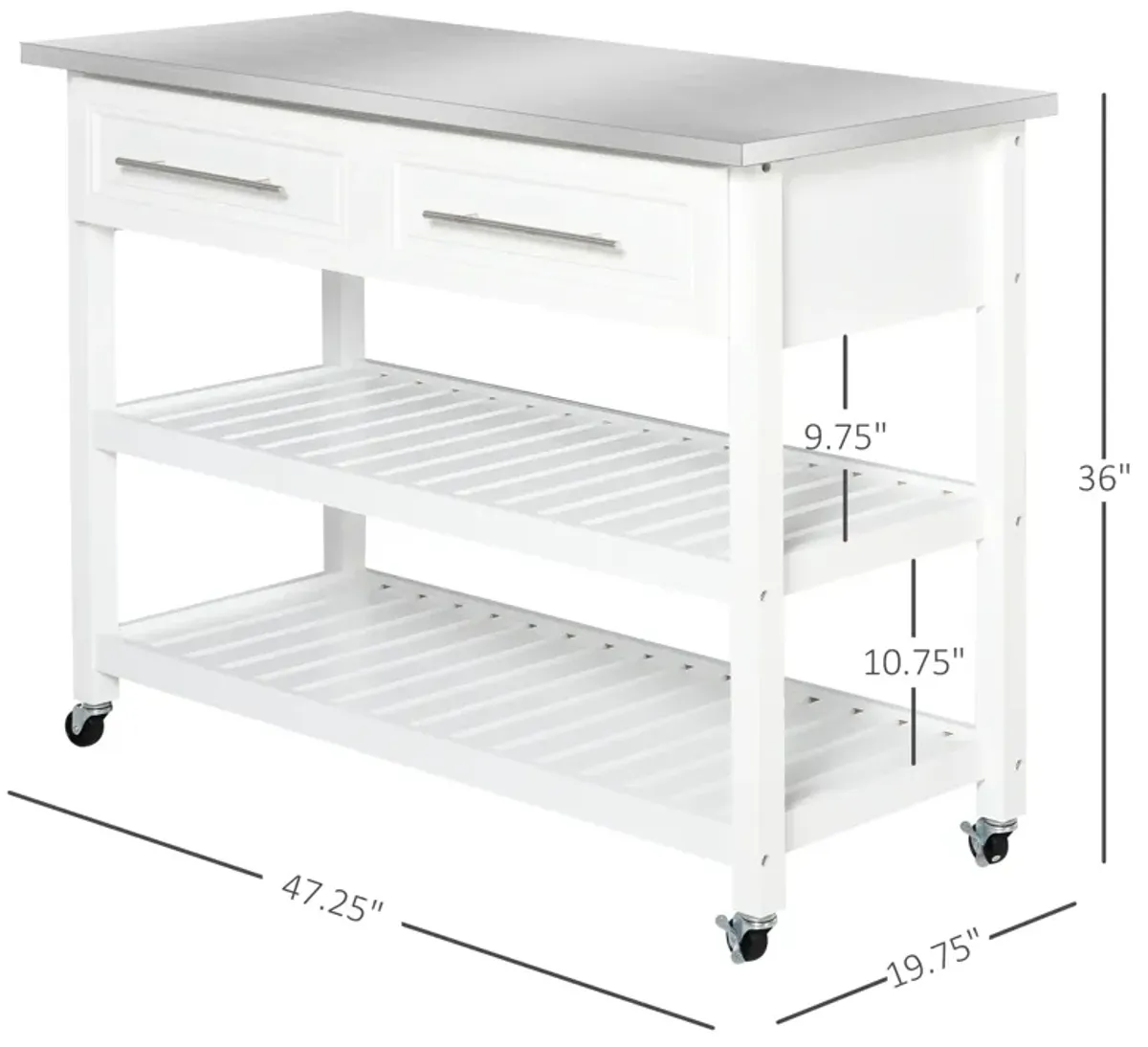 Stainless Steel Top Kitchen Island Utility Serving Storage Cart on Wheels White