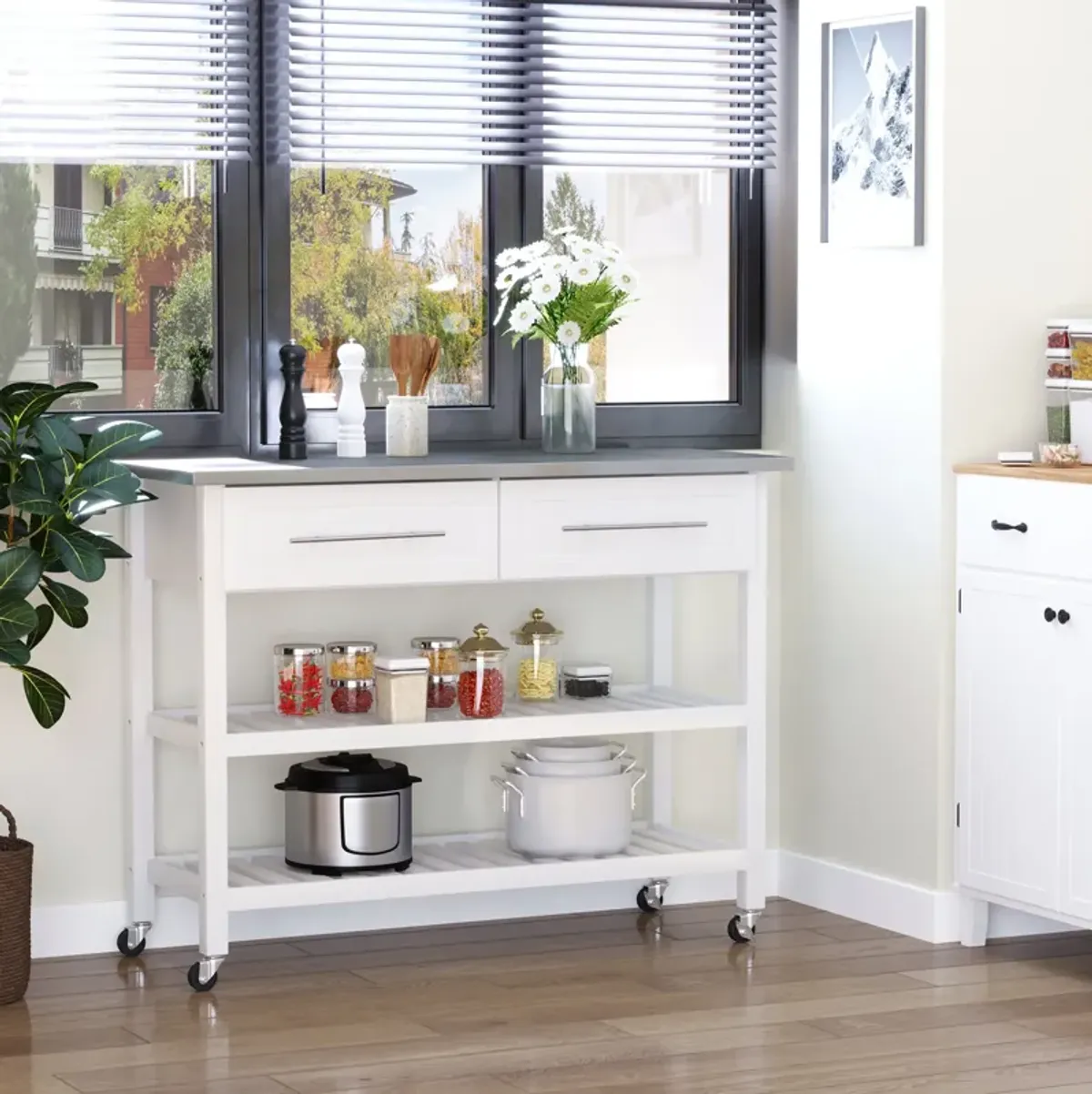 Stainless Steel Top Kitchen Island Utility Serving Storage Cart on Wheels White