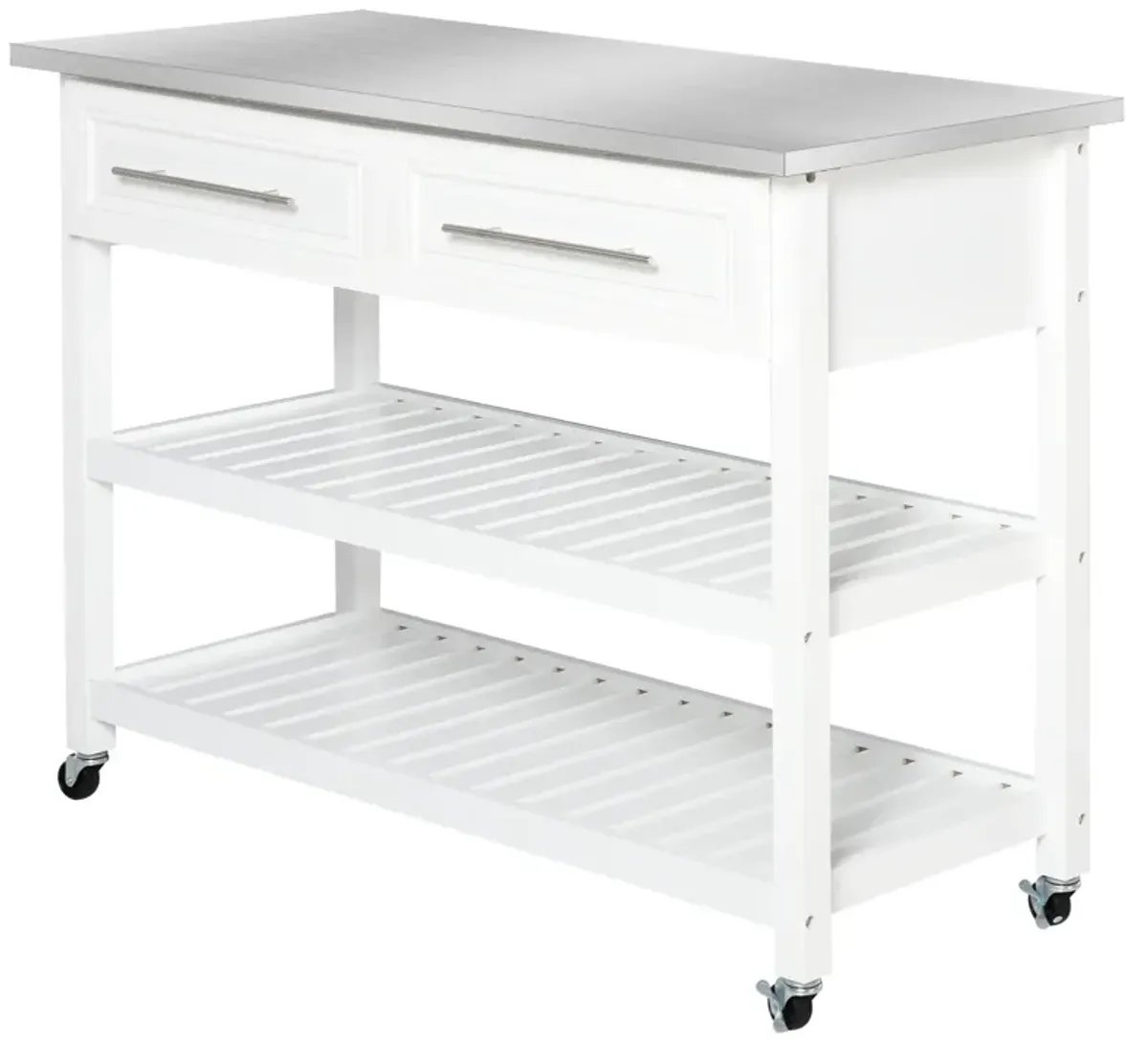 Stainless Steel Top Kitchen Island Utility Serving Storage Cart on Wheels White