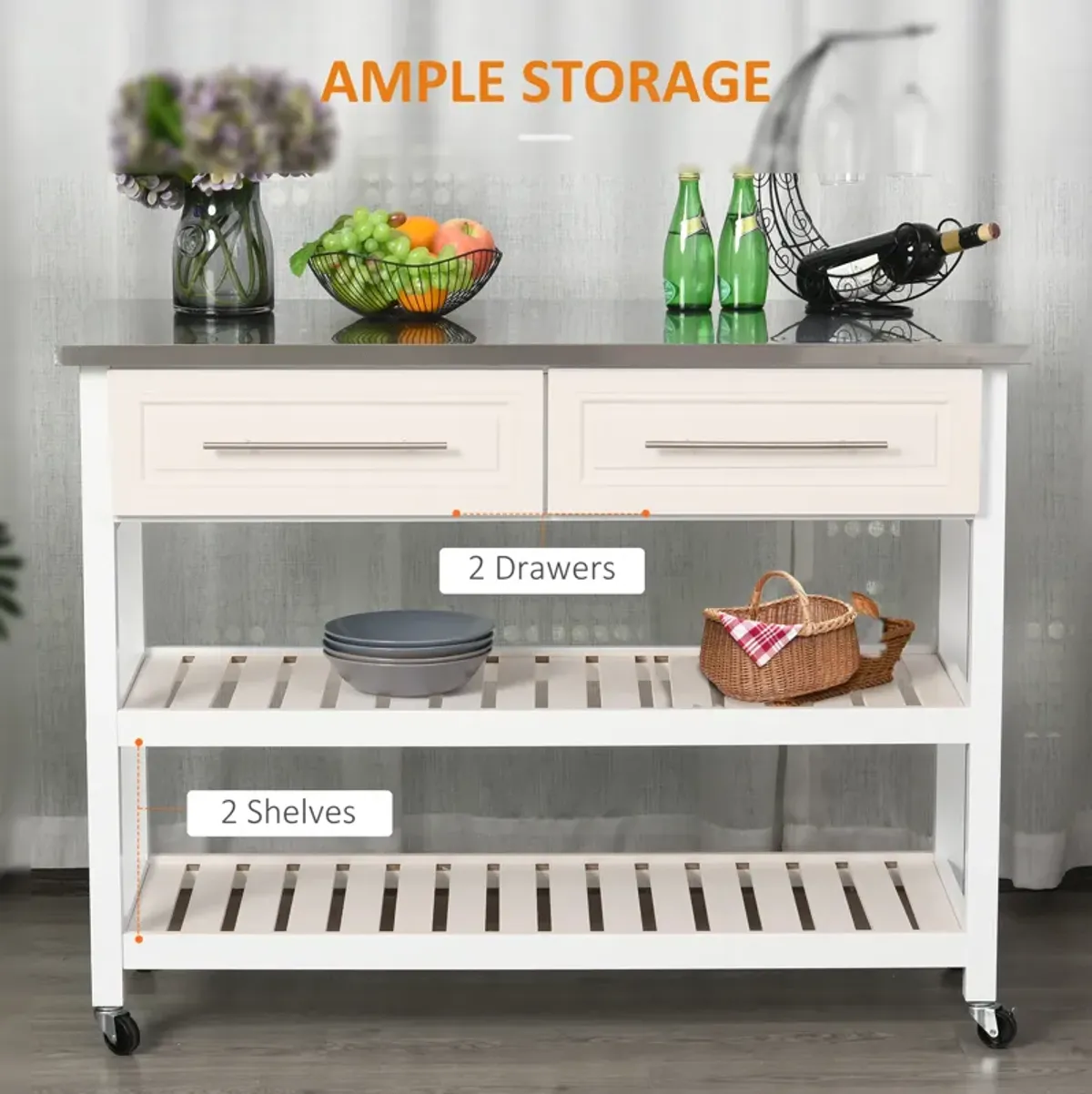 Stainless Steel Top Kitchen Island Utility Serving Storage Cart on Wheels White