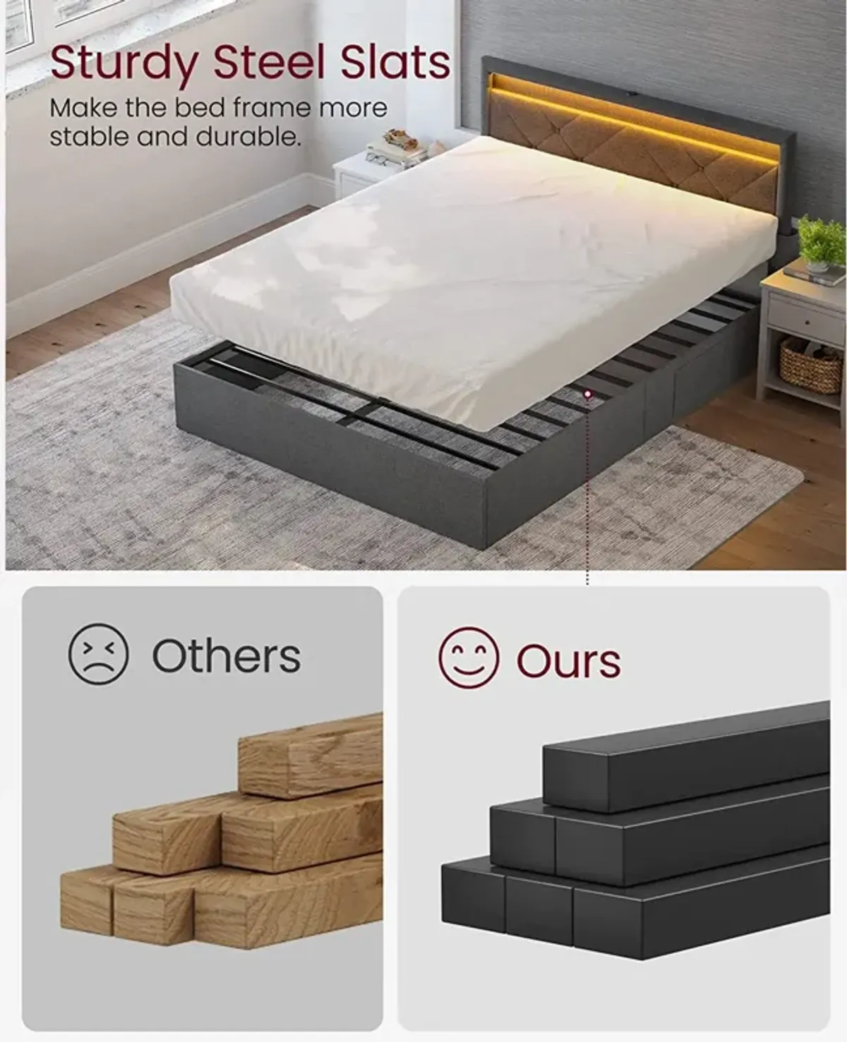 Full Size LED Bed Frame with Headboard and 4 Drawers USB Port and Type-C Port