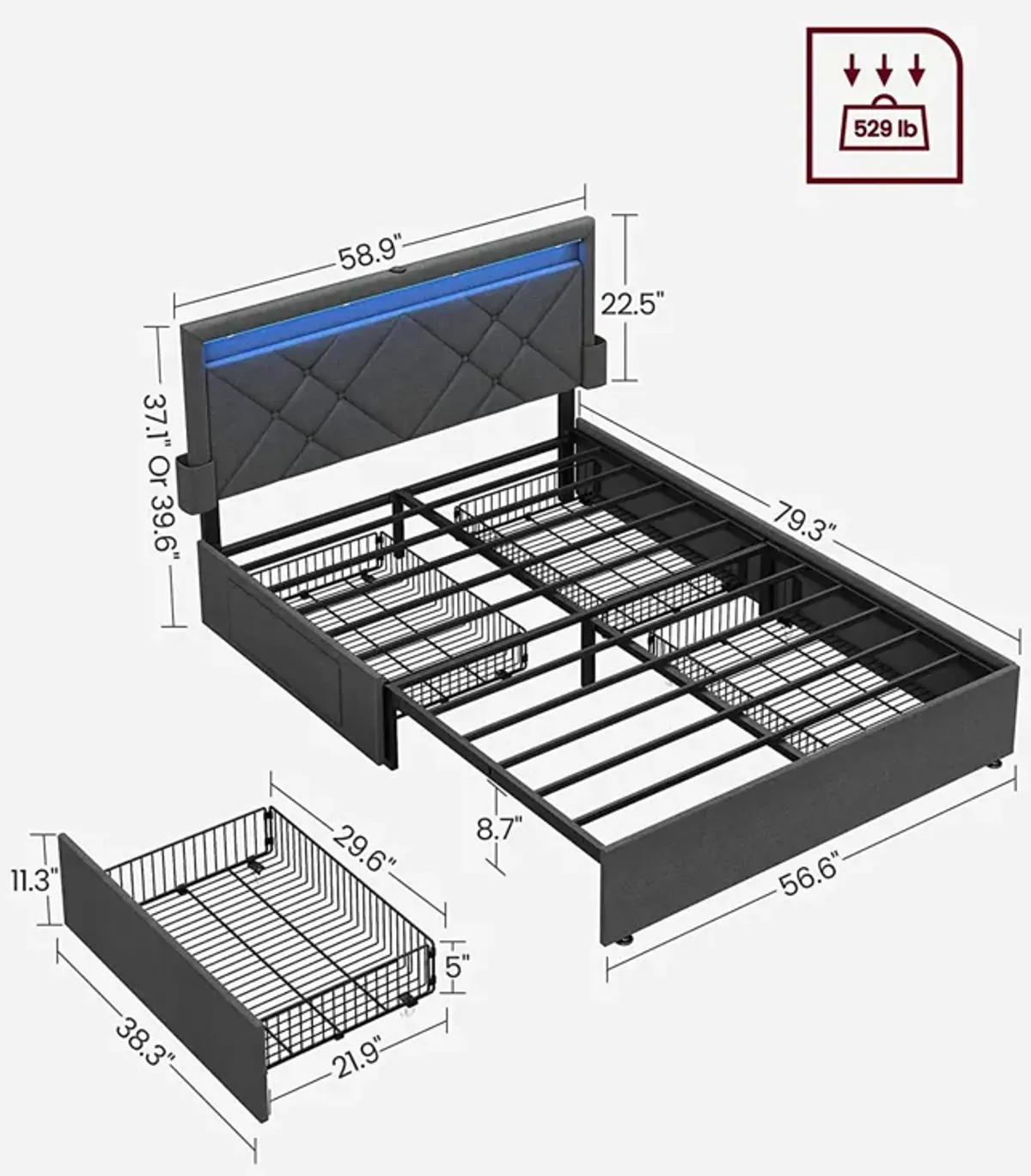 Full Size LED Bed Frame with Headboard and 4 Drawers USB Port and Type-C Port