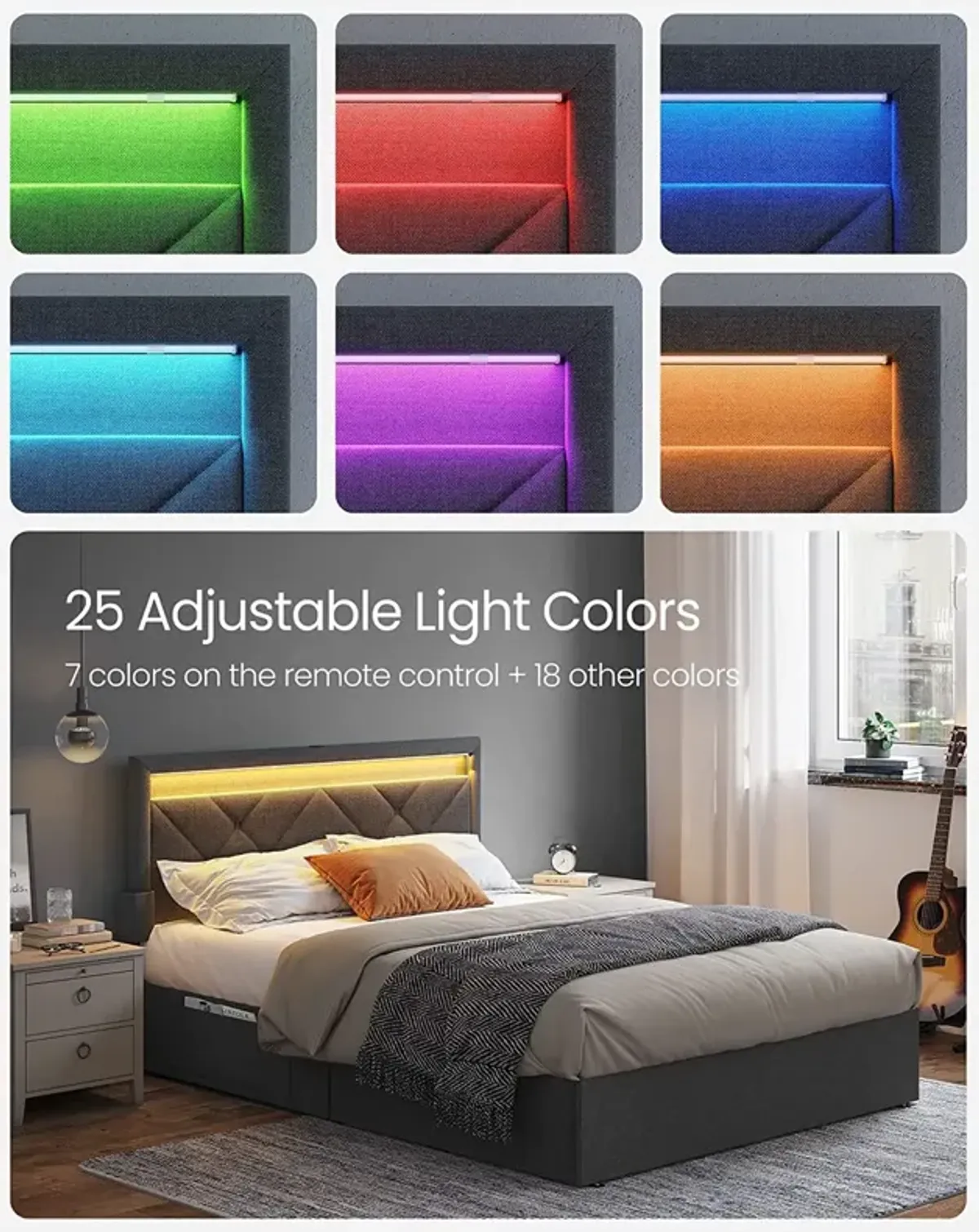 Full Size LED Bed Frame with Headboard and 4 Drawers USB Port and Type-C Port