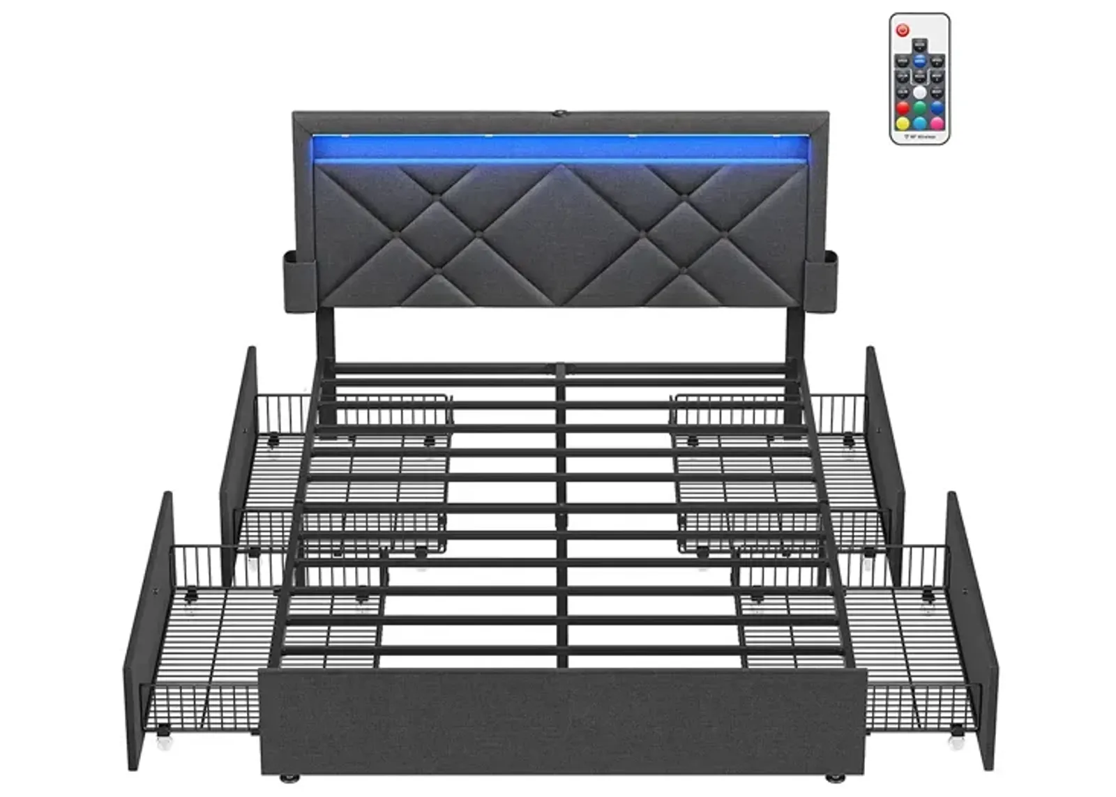 Full Size LED Bed Frame with Headboard and 4 Drawers USB Port and Type-C Port