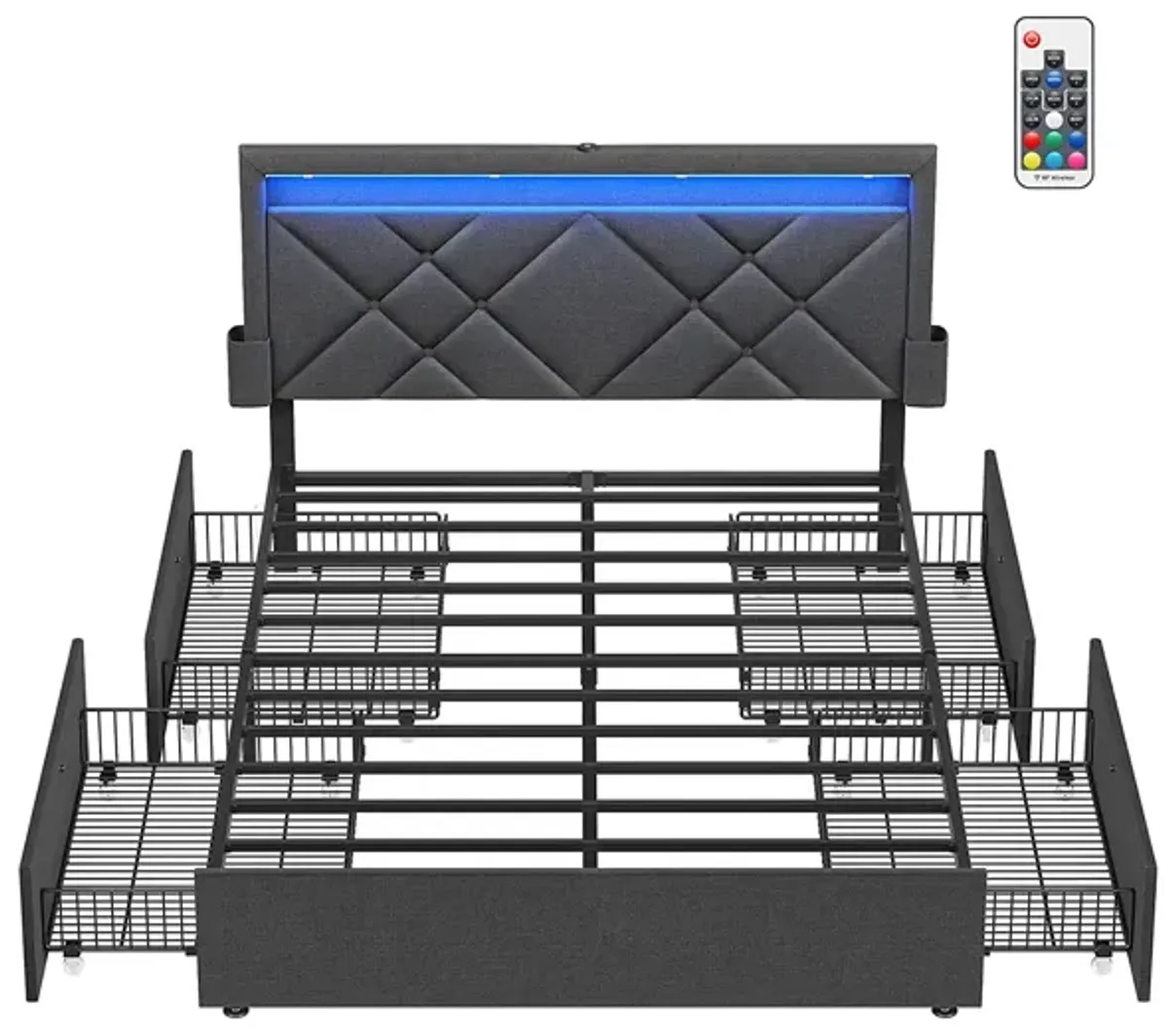 Full Size LED Bed Frame with Headboard and 4 Drawers USB Port and Type-C Port