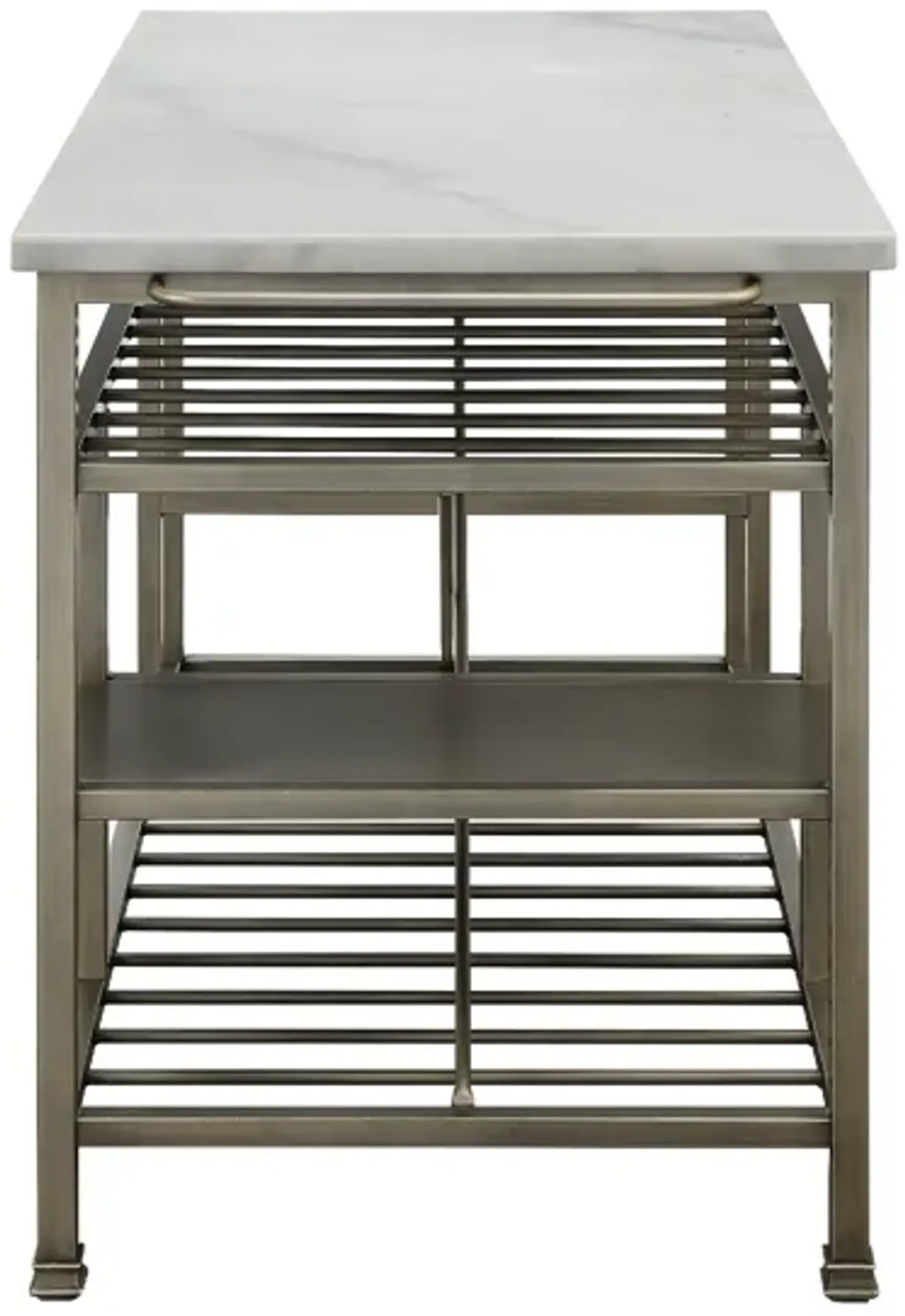 Marble Top Metal Kitchen Island with 2 Slated Shelves, Gray and White-Benzara