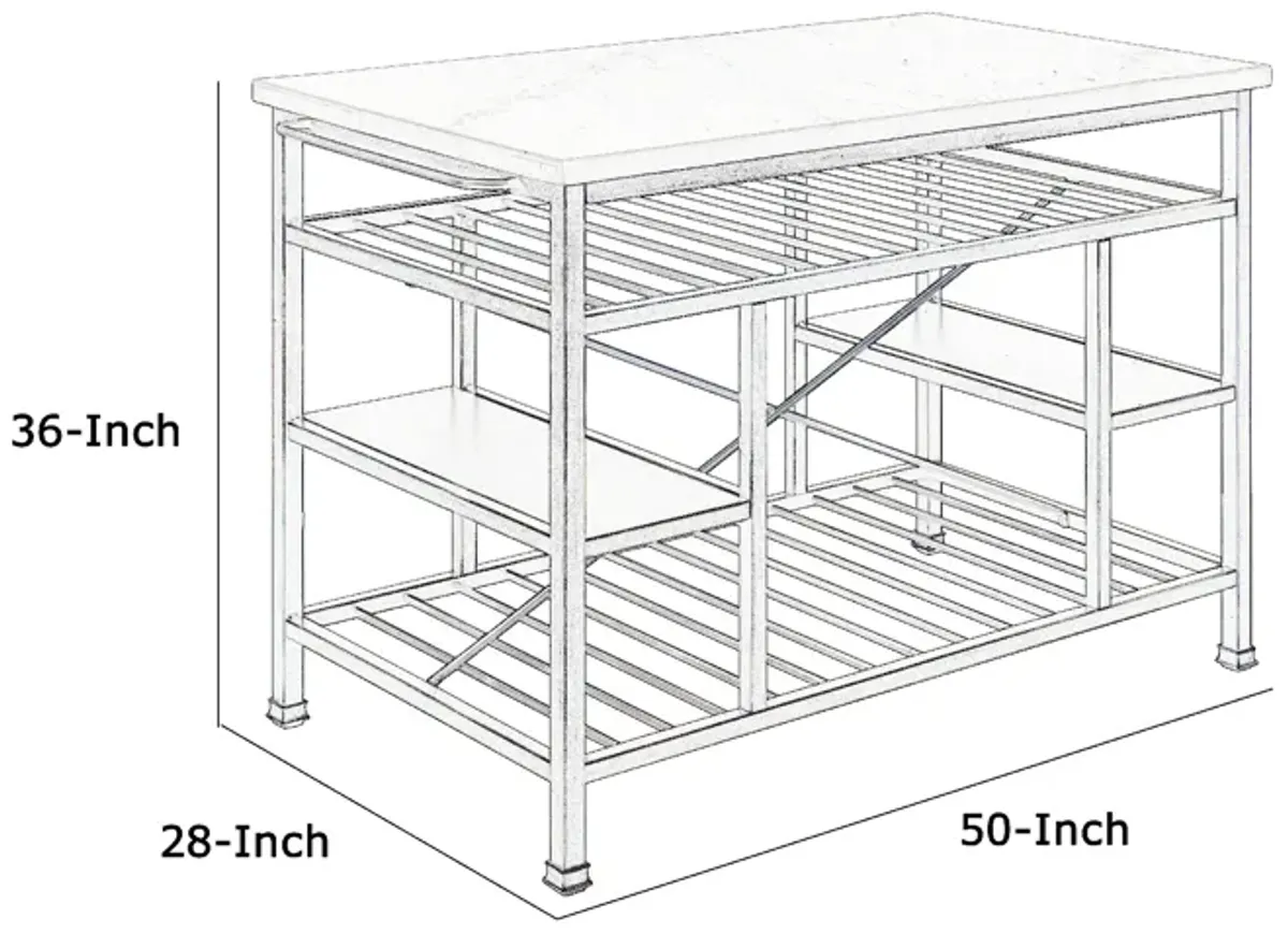 Marble Top Metal Kitchen Island with 2 Slated Shelves, Gray and White-Benzara