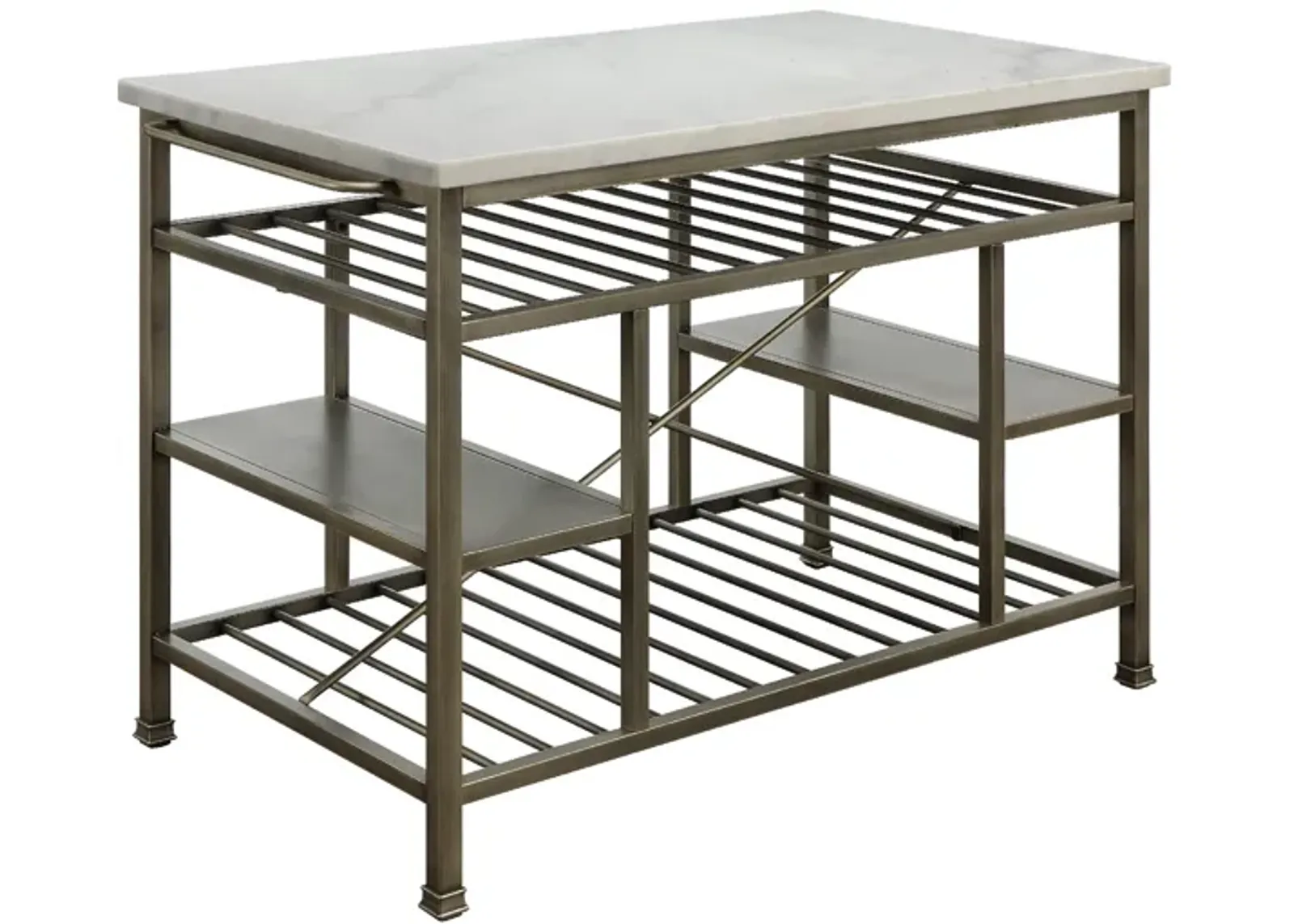 Marble Top Metal Kitchen Island with 2 Slated Shelves, Gray and White-Benzara