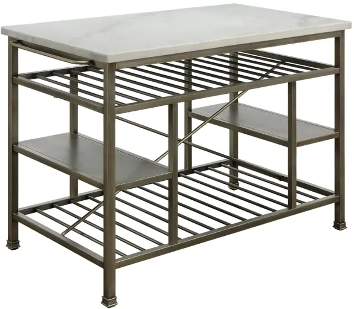 Marble Top Metal Kitchen Island with 2 Slated Shelves, Gray and White-Benzara