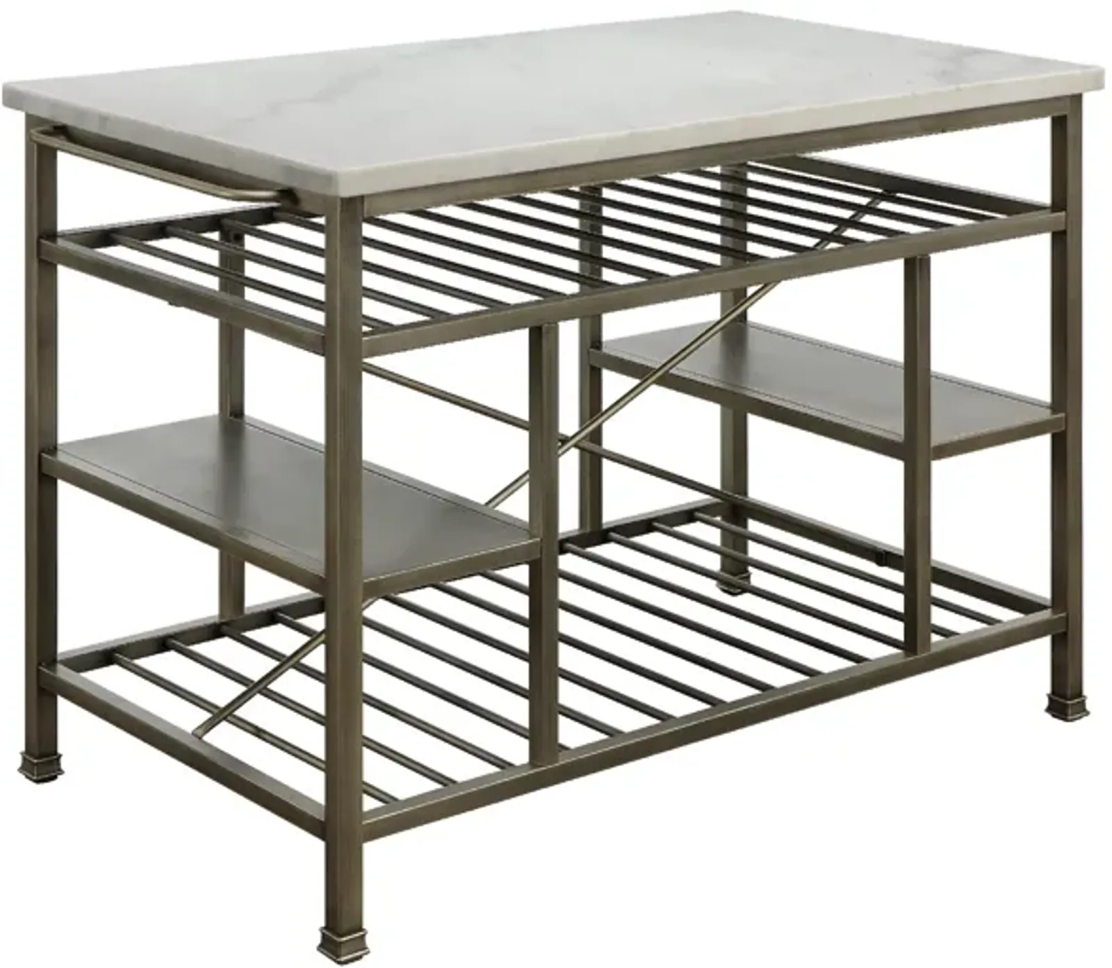 Marble Top Metal Kitchen Island with 2 Slated Shelves, Gray and White-Benzara