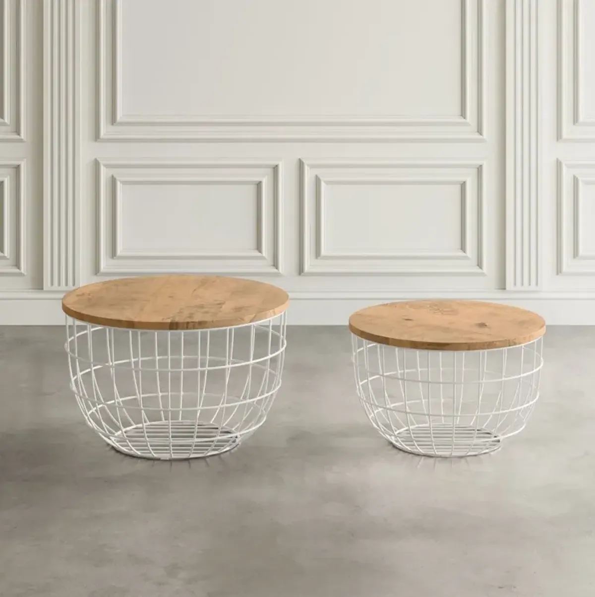 Jofran Rondo Nested Storage Solid Wood and Metal Basket Coffee Tables (Set of 2)