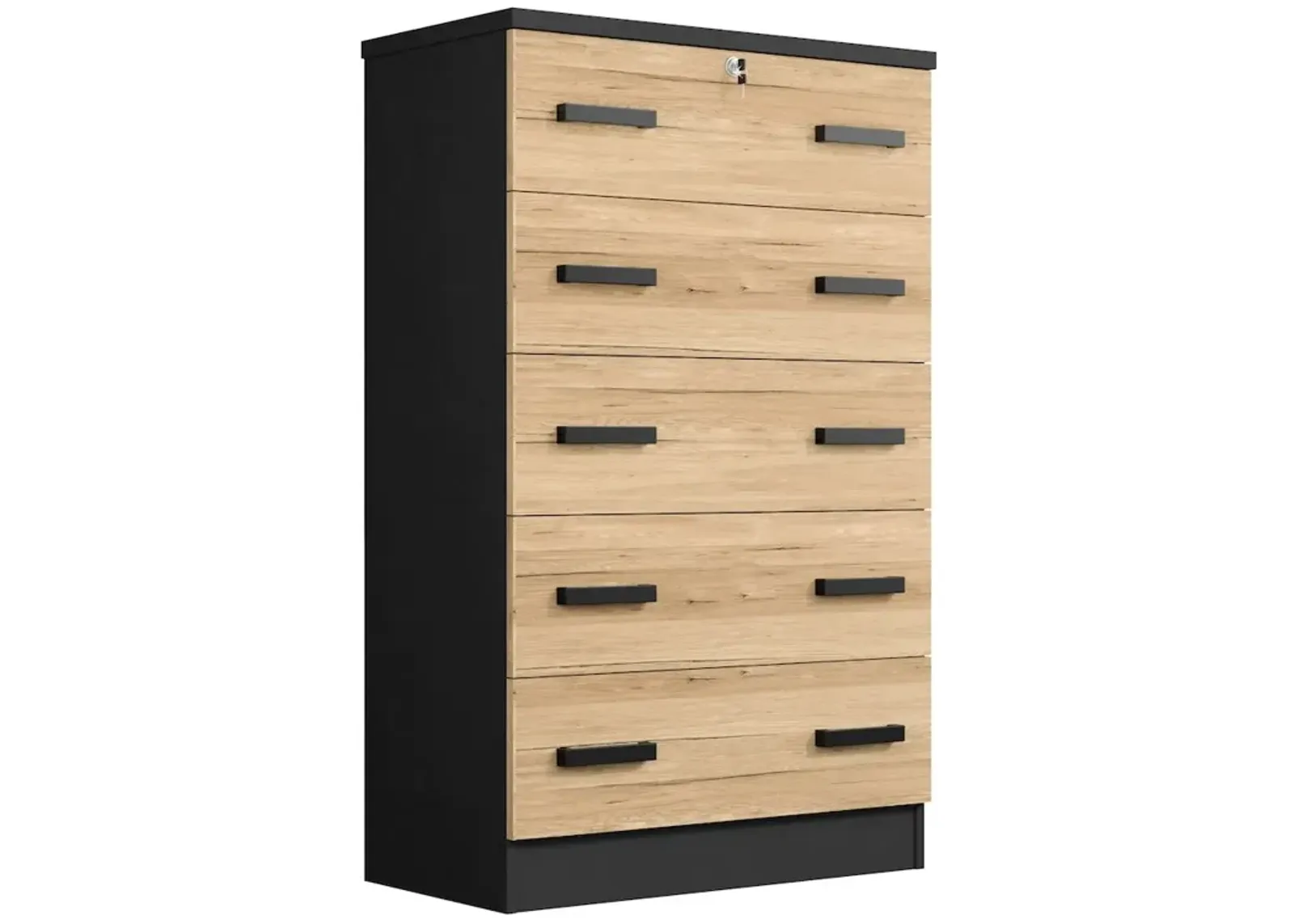 Cindy 5 Drawer Chest Wooden Dresser with Lock (Dark Grey & Natural Oak)