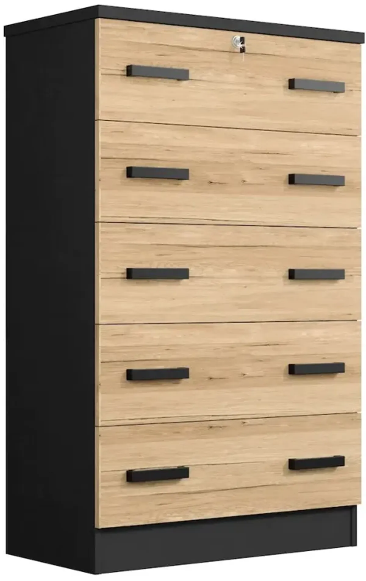 Cindy 5 Drawer Chest Wooden Dresser with Lock (Dark Grey & Natural Oak)