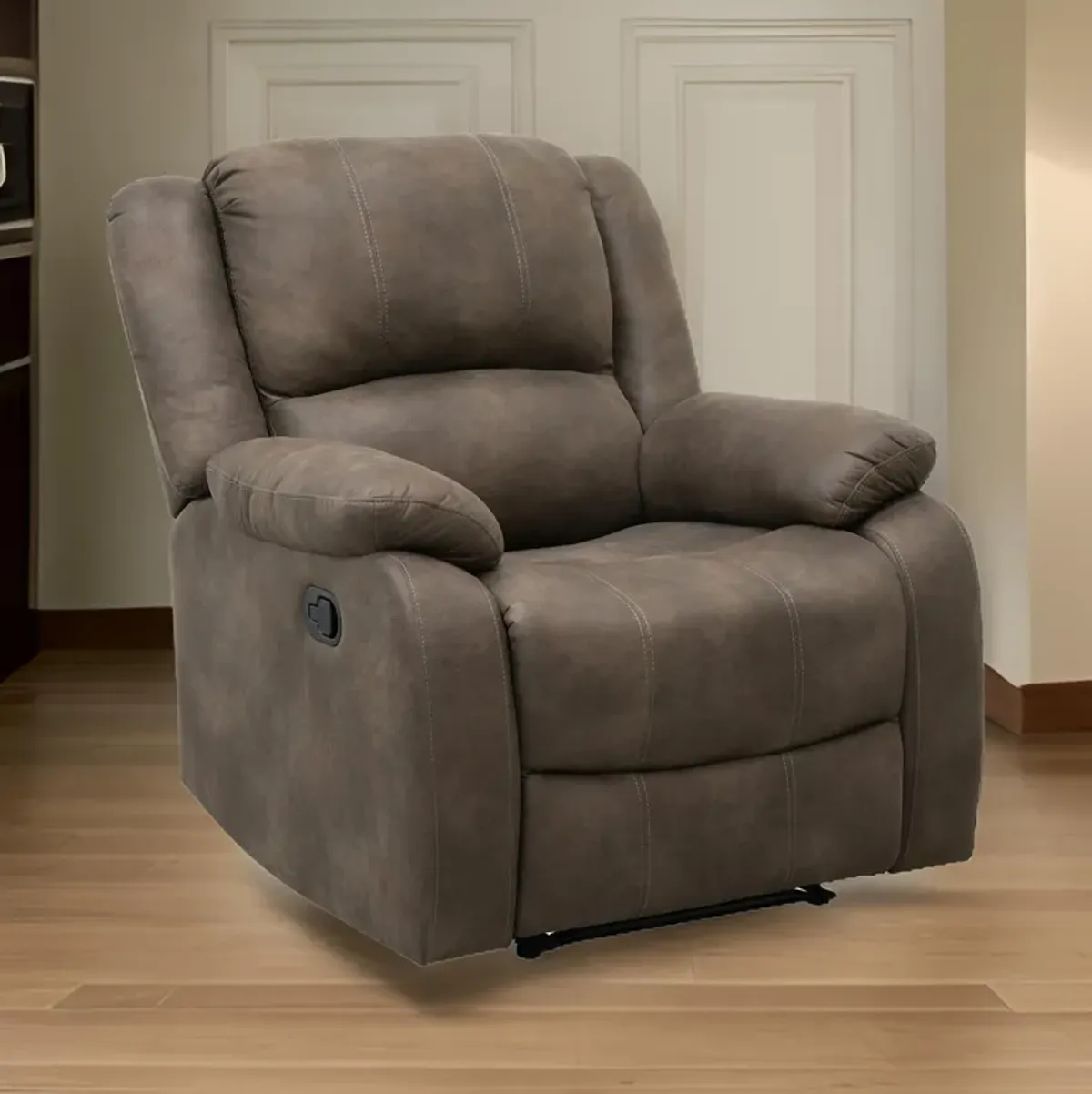 Chris 38 Inch Manual Recliner Chair, Cushions, Solid Wood, Brown Microfiber - Benzara