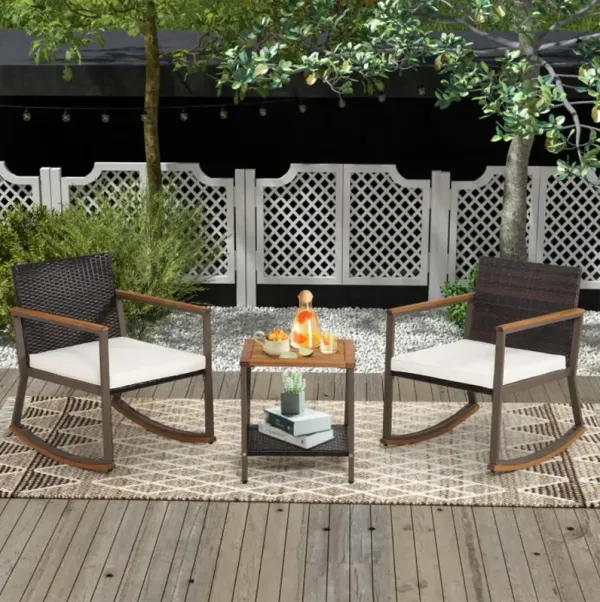 Hivvago 3 Pieces Rattan Rocking Bistro Set with Coffee Table and Cushions