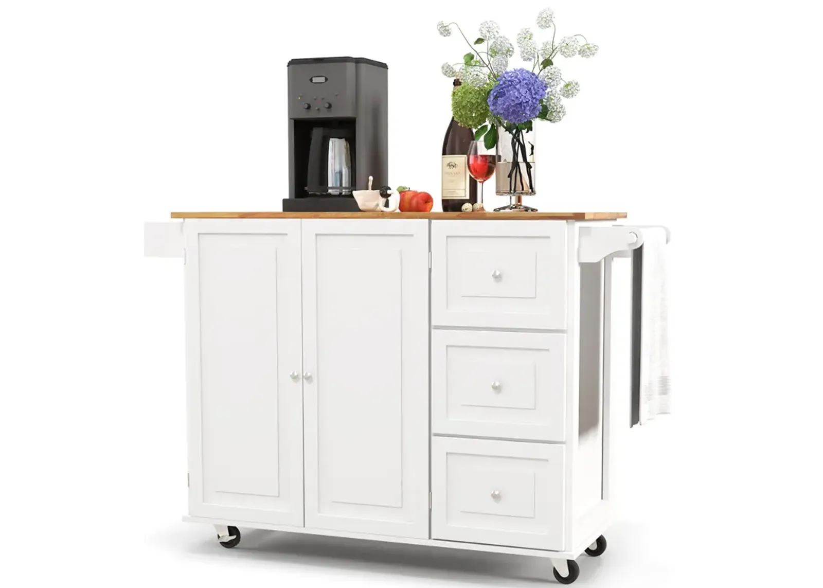 Kitchen Island Trolley Cart Wood with Drop-Leaf Tabletop and Storage Cabinet