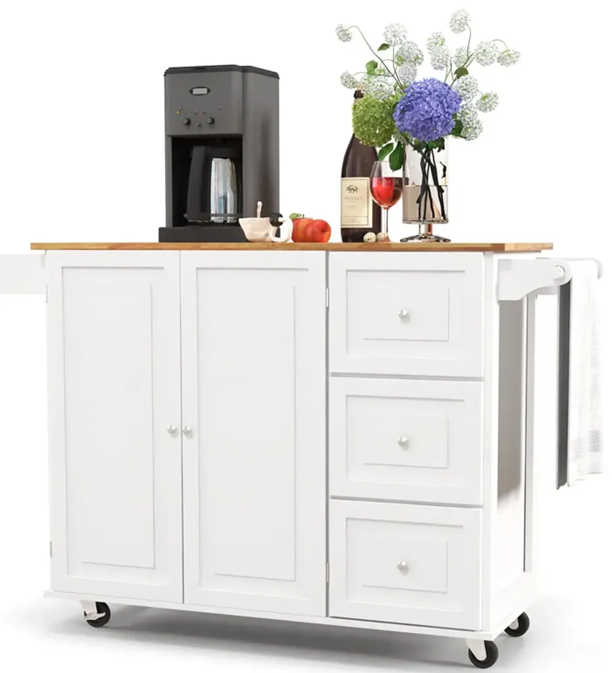 Kitchen Island Trolley Cart Wood with Drop-Leaf Tabletop and Storage Cabinet