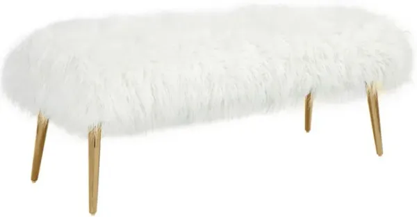 Ammy 45 Inch Bench, White Faux Fur Padded Seat, Glam Gold Metal Finish - Benzara