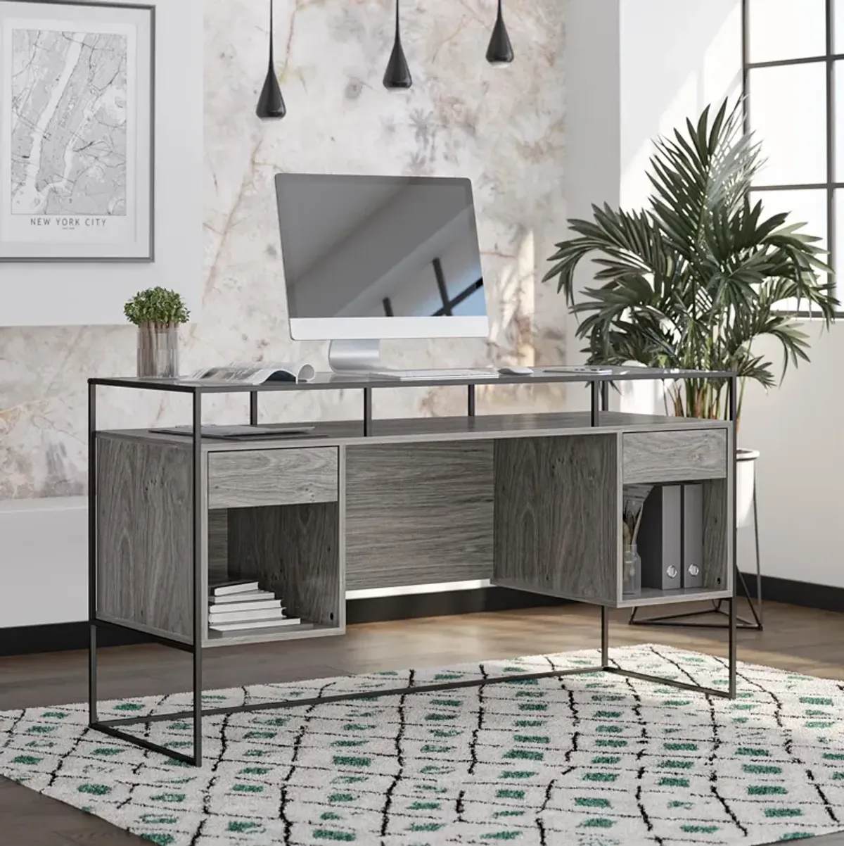 Camley Modern Desk with Fluted Glass Top