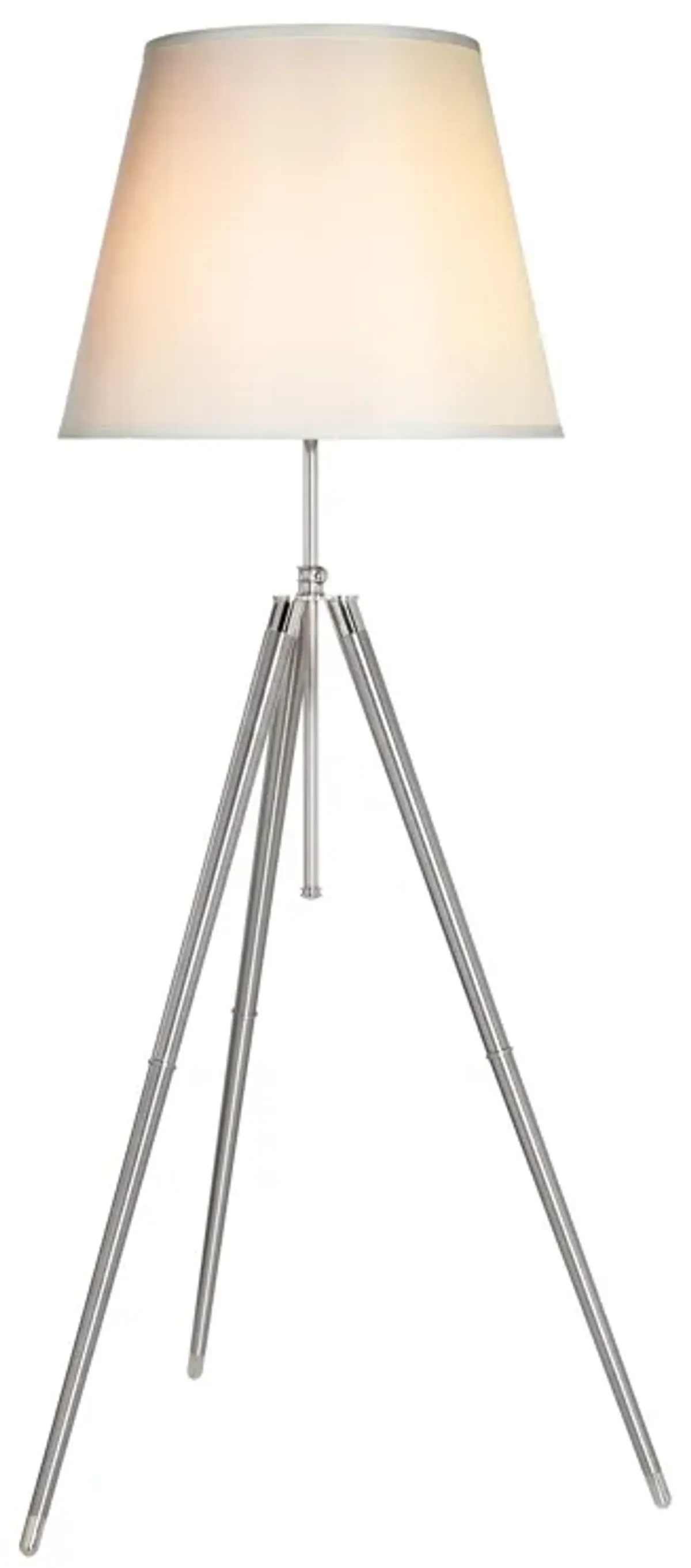 66 Inch Floor Lamp with White Drum Shade, Modern Chrome Metal Tripod Base - Benzara