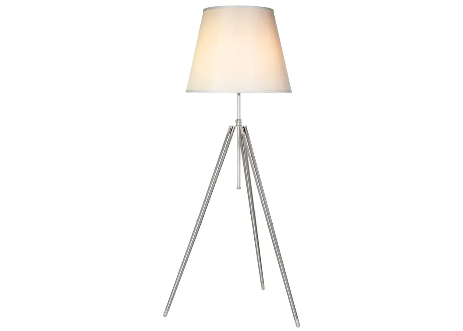 66 Inch Floor Lamp with White Drum Shade, Modern Chrome Metal Tripod Base - Benzara