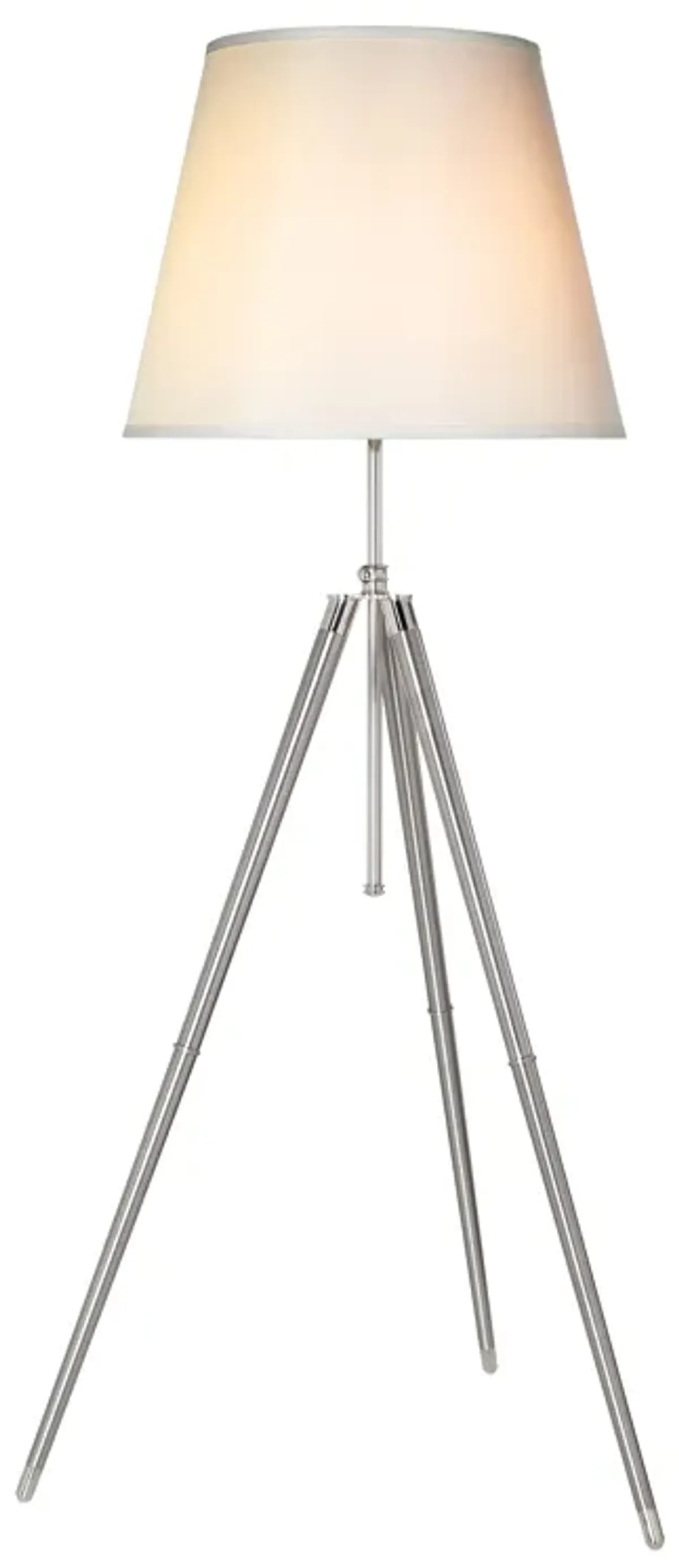 66 Inch Floor Lamp with White Drum Shade, Modern Chrome Metal Tripod Base - Benzara